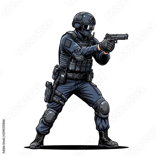 Tactical Soldier Aiming Gun - Illustration on White Background