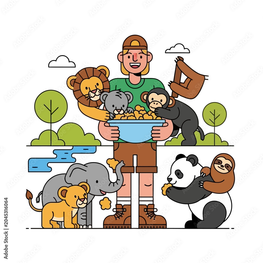 Fototapeta premium Zookeeper feeding animals: cartoon illustration of wild creatures enjoying treats.