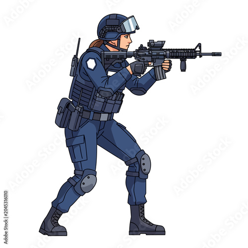 Armed Female Soldier Aiming Rifle, Isolated on White