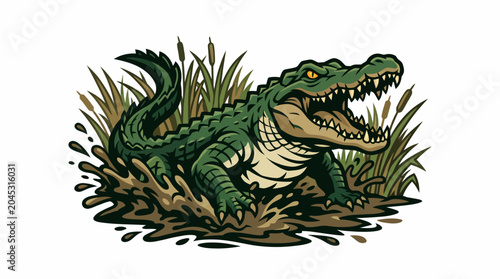 Angry crocodile with open jaws in muddy swamp water