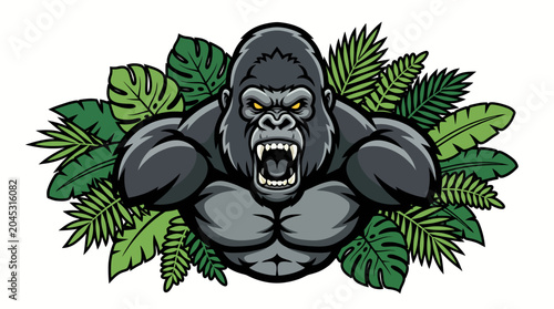Fierce gorilla mascot peeking through tropical jungle leaves