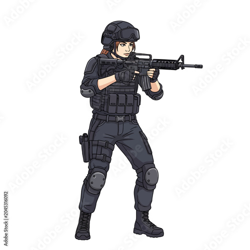 Armed Female Soldier in Tactical Gear, Digital Illustration