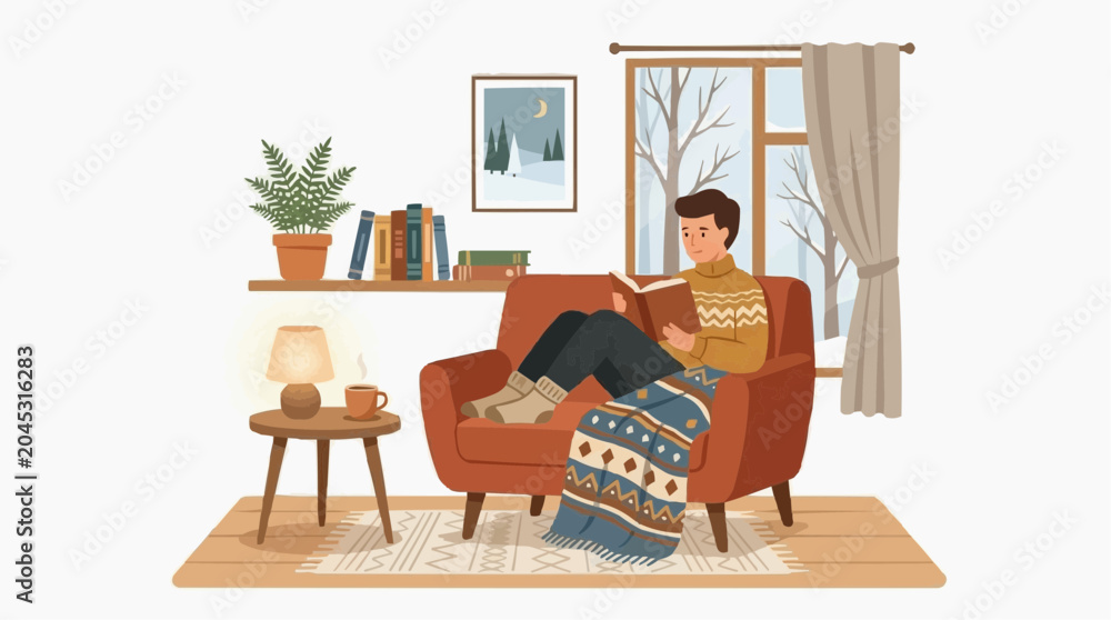 Fototapeta premium Cozy Winter Reading Nook: A person enjoys a quiet moment reading a book, nestled comfortably on a sofa with a warm blanket and a mug of hot drink, while snow falls gently outside the window.