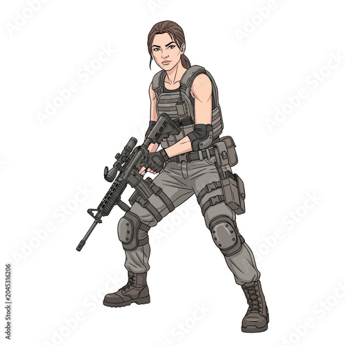 Armed female soldier with rifle, vector illustration on white