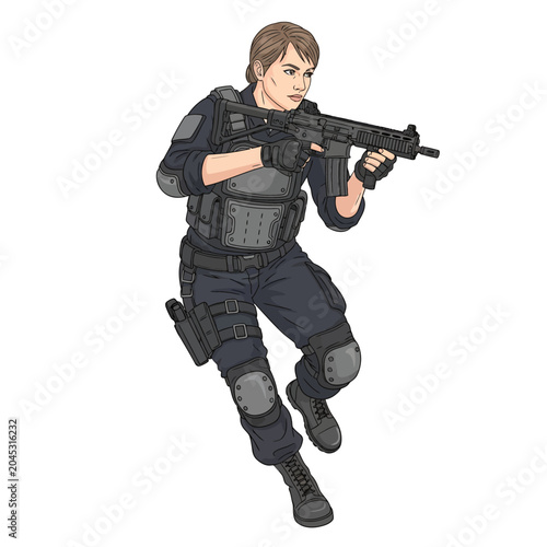 Armed Female Soldier With Assault Rifle - Isolated Illustration