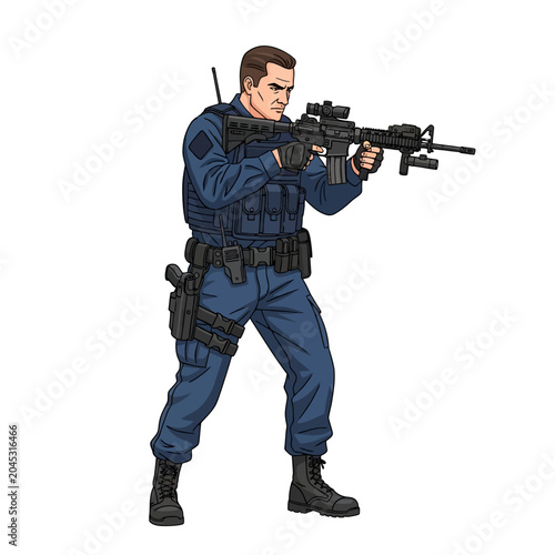Armed swat officer aiming rifle, pixel art illustration