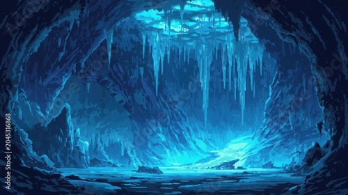 glowing ice cave with frozen stalactites fantasy adventure scene 3d render