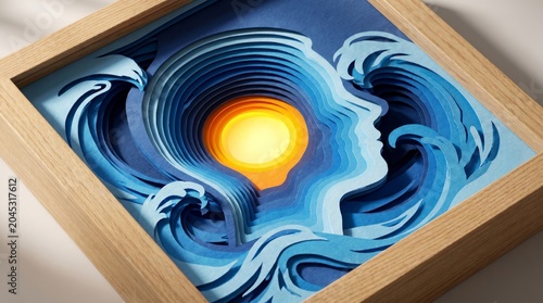 An intricate multi-layered paper-cut art piece inside a wooden shadowbox frame, depicting a human profile silhouette merging with ocean waves and a glowing sun to symbolize inner peace and mental clar