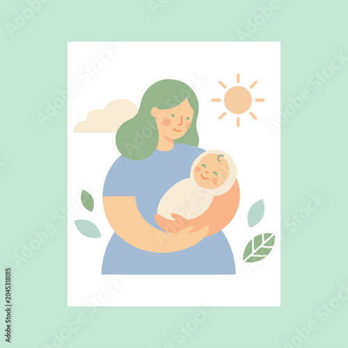 Cute flat style vector illustration, mother is holding a baby