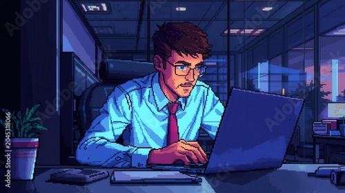 young professional man working on laptop in modern office with blue lighting
