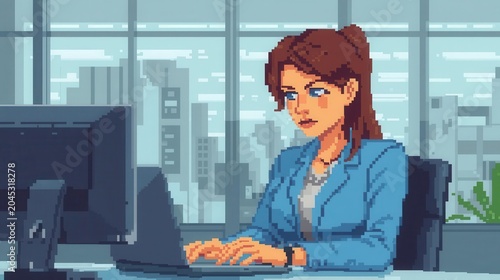 professional woman working on laptop in modern office with city view