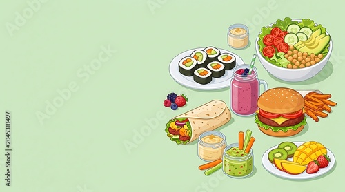 Healthy meals and snacks collection with copy space on green background