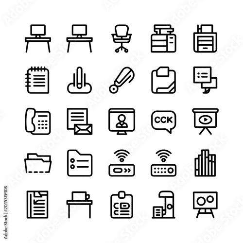 Modern office line icons set, 25 workspace business symbols, minimalist corporate equipment vector illustrations for web and app design
