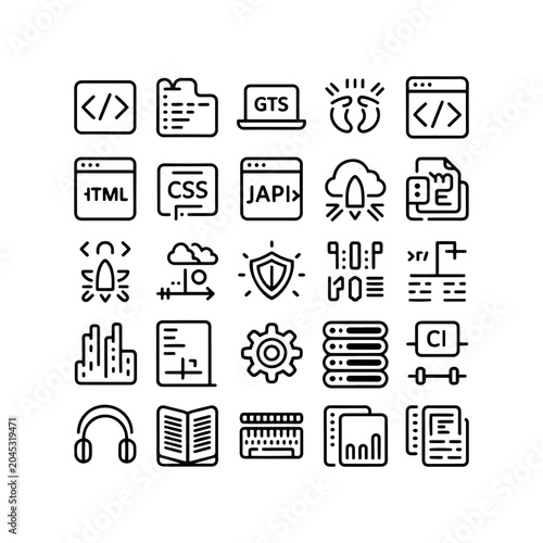Modern software development line icons, 25 web programming and coding vector elements, minimalist black and white tech symbols for UI design