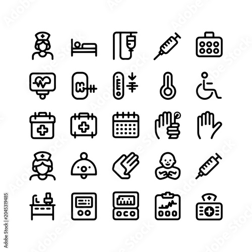 Medical line icon set, 25 healthcare vector symbols, hospital equipment and nursing care icons, clinical treatment and medicine outline graphics