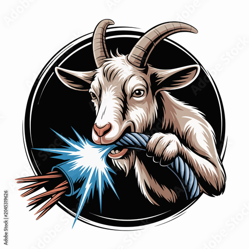 Photography Goat biting through thick blue rope.