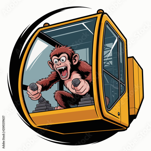 Photography Cartoon monkey in excavator cabin.