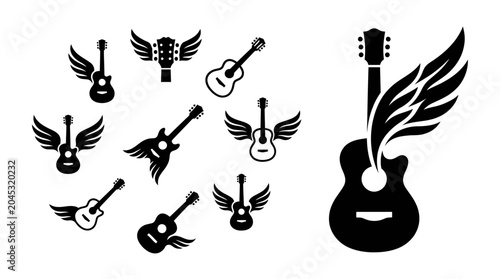 Tableau sur toile Flying Guitar Logos Set: Acoustic, Electric, Wings, Music, Rock, Freedom, Vector