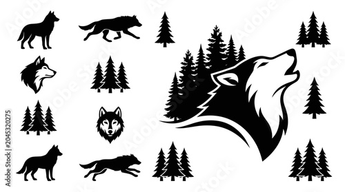 Fotografi Wolf Pack Silhouette Collection: Howling Wolf, Running Wolves, and Forest Trees