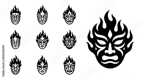 Quadro su tela Fiery Tribal Mask Icon Set and Large Emblem, Black Silhouette on White Backgroun