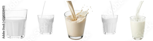Cuadro en lienzo a dynamic realistic photograph showcasing several glasses of fresh milk, including pouring actions and splashes, with one glass featuring a creamy beverage