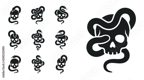 Cuadro en lienzo Skull And Snake Icon Set - Danger, Death, Mystic Symbols