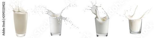 Foto a dynamic photograph capturing fresh white milk dramatically splashing and spilling from clear drinking glasses