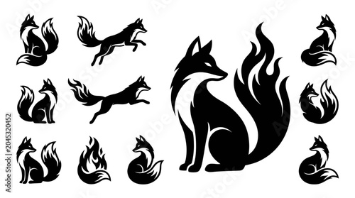 Quadro su tela Set of stylized black fox silhouettes with bushy tails, graphic design elements