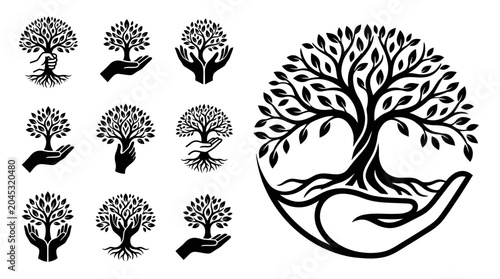 Photos Tree of Life & Hand Icons: Growth, Nature, Protection, Spirituality, Icons Set