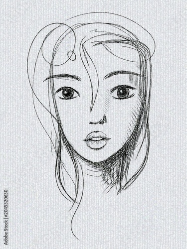Hand drawn black ink sketch of a woman face. Artistic fine line portrait illustration of a beautiful young female on a subtle gray textured paper background