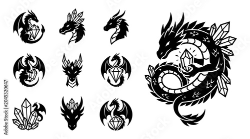 Photos Dragon Crystal Icons Set - Mythical Creatures and Gemstones Collection