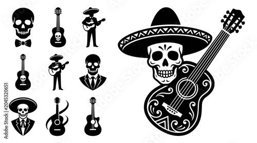 Quadro su tela Day of the Dead Skull Mariachi Guitarist Vector Icons Set