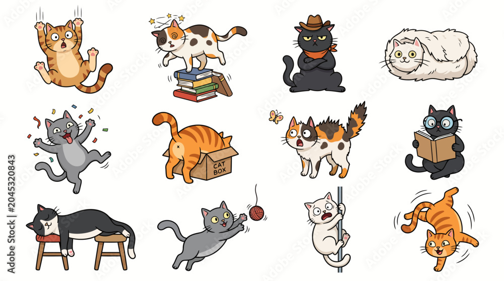 Fototapeta premium Collection of cartoon cats in various funny poses and expressions