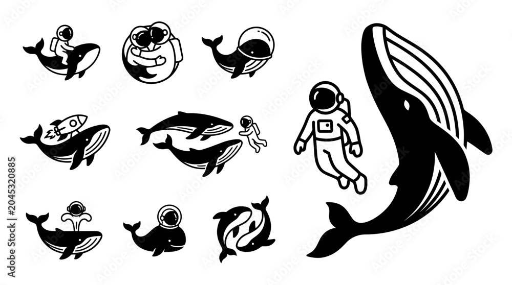 Obraz premium Astronauts and Whales Vector Illustrations: Space Exploration and Marine Life Fusion