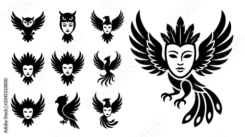 Φωτογραφία Mythical Creature Icons: Owl, Phoenix, and Masked Bird Designs