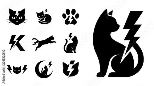 Fotografie Black Cat Lightning Bolt Icons Set: Silhouette Collection for Energy, Power, and