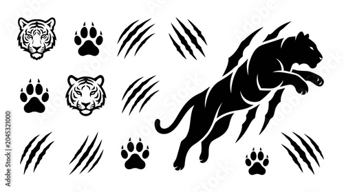 Photos Tiger Claw Marks and Paw Prints Silhouette Set - Wild Cat Attack Vector Art