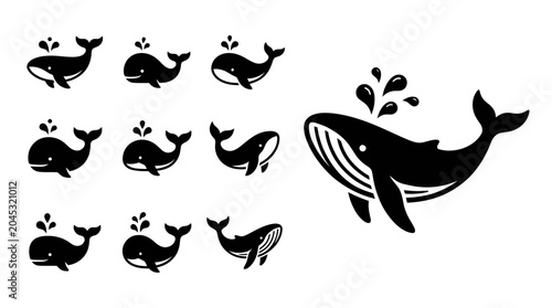Photos Whale Icons Set, Black Silhouette Collection of Marine Mammals Spouting Water