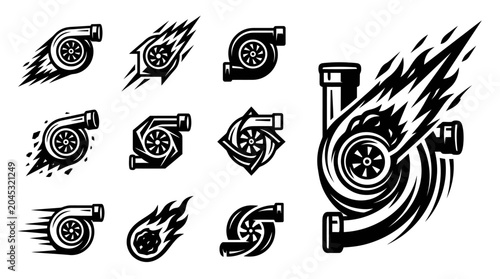 Fotografie Turbocharger Icons and Emblem Set, Speed, Power, Automotive Performance Graphics