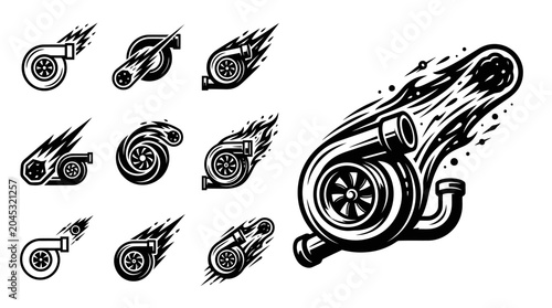 Schilderij op canvas Turbocharger Icons with Flames: Speed, Power, Performance Boost, Racing, Automot
