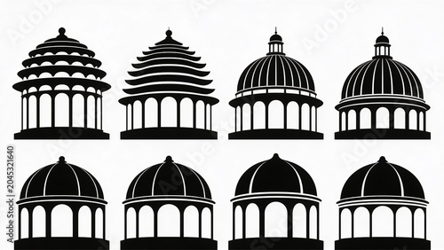  features a set of eight black silhouettes of architectural domes arranged in two rows against a white background. Each silhouette showcases a distinct style, with variations in the curvature and deta