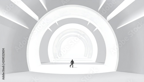 A small human figure walks toward an illuminated tunnel of white arches, appearing insignificant in this bright, abstract landscape