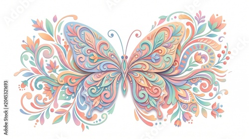 Intricate Butterfly Illustration with Delicate Floral Accents in Pastel Hues