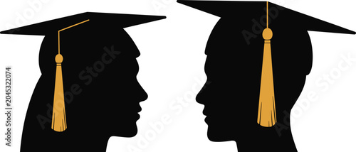 Cuadro en lienzo Silhouettes of two heads wearing graduation caps with tassels profile each
