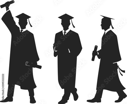 Slika na platnu Silhouettes of graduating students with diplomas on a white background vector
