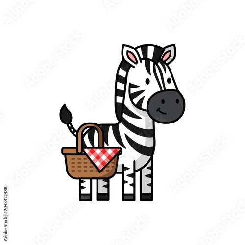 Cartoon zebra with picnic basket on white, vector illustration