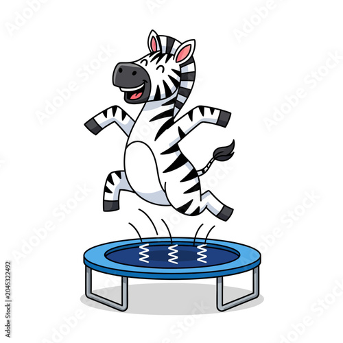 Cartoon Zebra Bouncing on Trampoline, Isolated on White