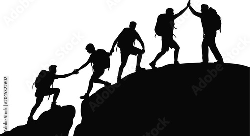 Fotografie Silhouetted Hikers Ascending a Mountain Peak in a Teamwork High Five Celebration