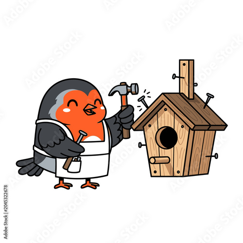 Cute cartoon bird building wooden birdhouse illustration