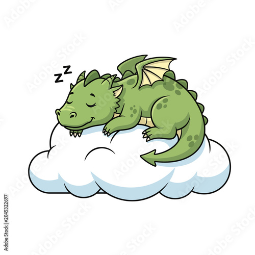 Cute Cartoon Dragon Sleeping on a Cloud, Isolated
